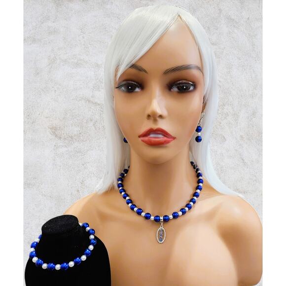 Zeta Phi Beta Jewelry Set Blue and white Necklace, Bracelet and Earrings - Picture 2 of 4
